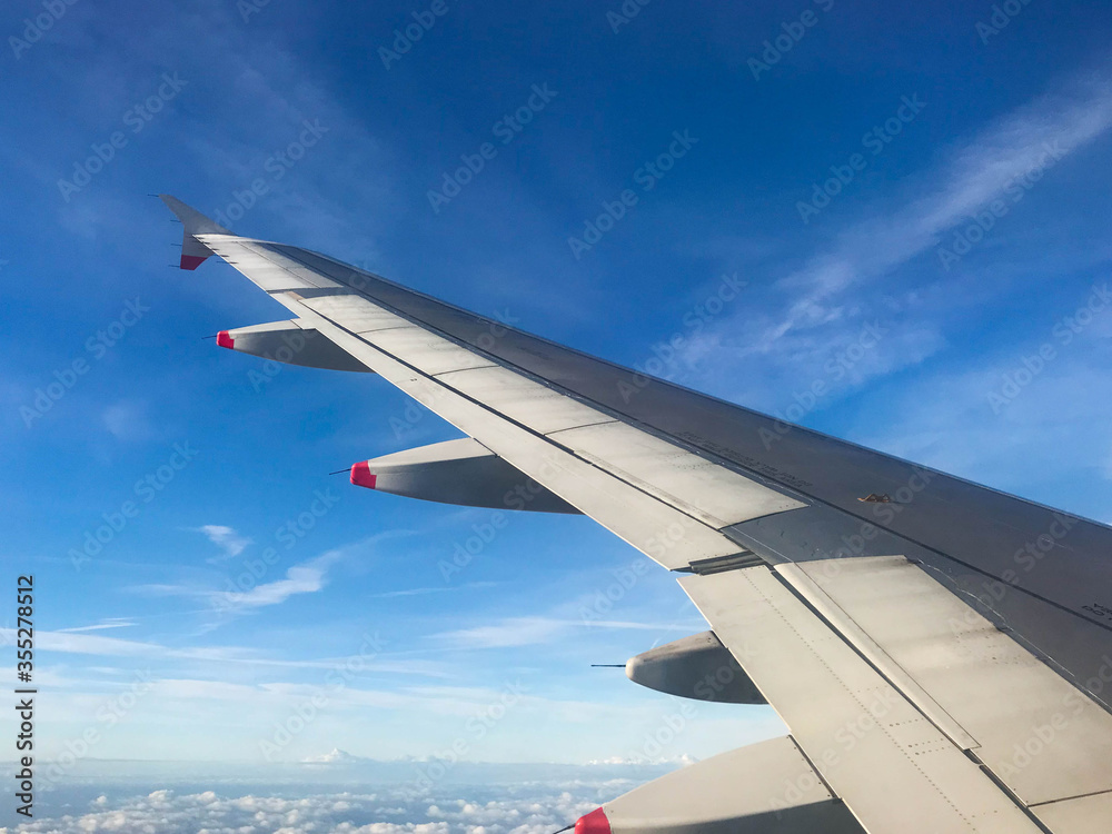 Fototapeta premium Wing of commercial aircraft against a blue sky. No people. Space for copy.