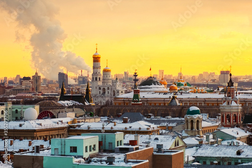 Aerial view of popular landmarks - Kremlin walls, Saint Basil Cathedral - in Moscow, Russia