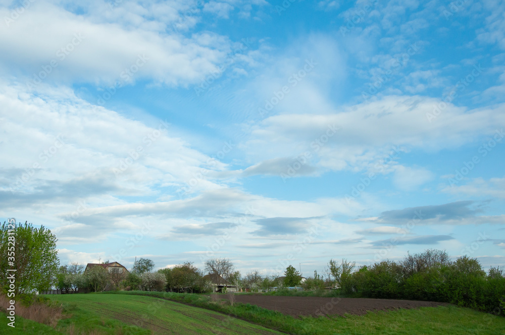 Plowed field in spring against the blue sky and white clouds Plowed field in spring against the blue sky and white clouds