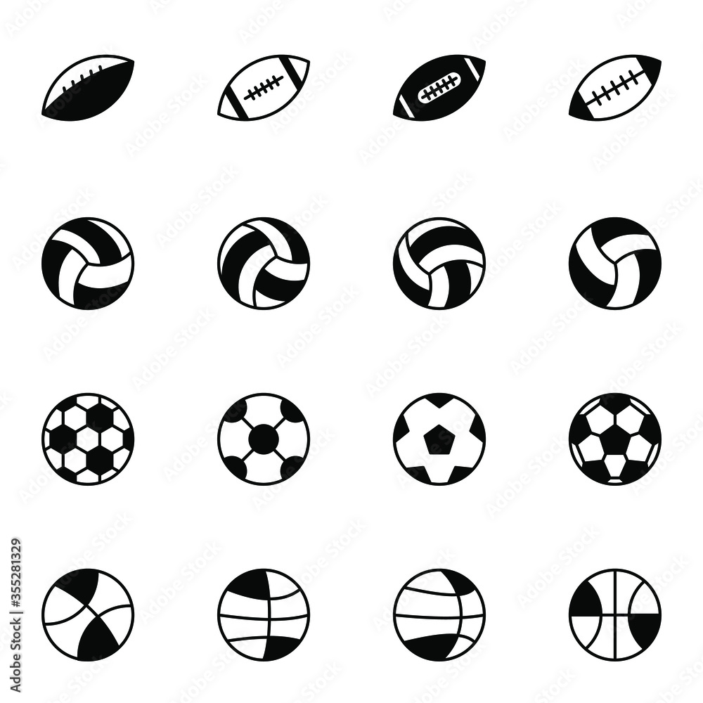 Balls solid icon set. Simple basketball, football, volleyball, soccer ball solid line icons sign, vector illustration.