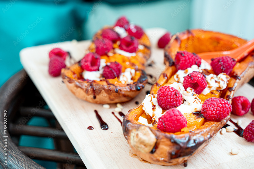 Roasted Pumpkin with Cream Cheese, Raspberries, Pine Nuts and Balsamic Sauce, Healthy Salad Roasted Pumpkin with Cream Cheese, Raspberries, Pine Nuts and Balsamic Sauce, Healthy Salad