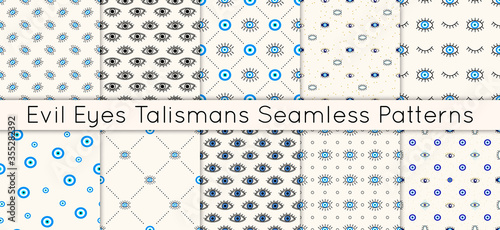 Set of 10 vector seamless patterns with various evil eyes talismans for protection and good luck. Contemporary modern trendy background for digital paper, textile, texture, wrapping paper.