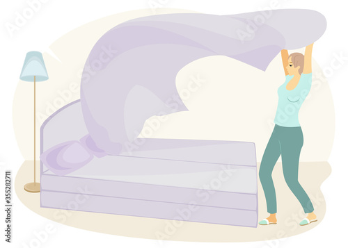 Profile of a sweet lady. The girl is making the bed in the room. A woman is a good wife and a neat housewife. Vector illustration