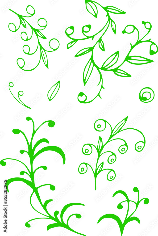 plant element abstraction single isolated on a white background green outline freehand drawing ornament textiles coloring folk flower plant element abstraction single isolated on a white background green outline freehand drawing ornament textiles coloring folk flower
