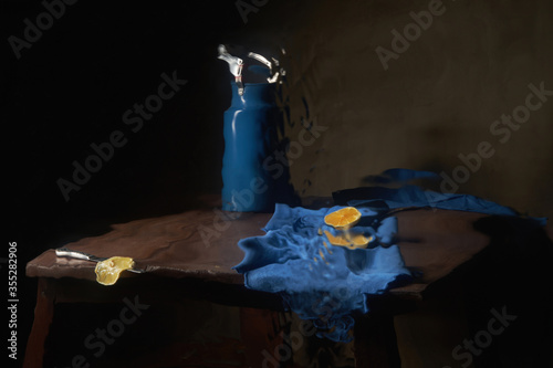 Still life with blue cloth and lemons. A photograph made using distorted reflection and imitating a painting technique  photo