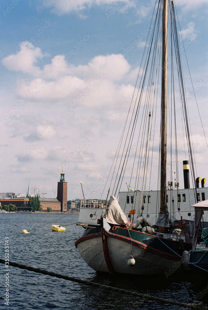 A boat and a beautiful Stockholm city landscape A boat and a beautiful Stockholm city landscape