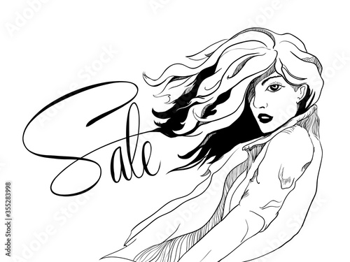 Sketch drawing fashionable Girl. Woman with hair flying in wind in spring coat. Promotional text - poster sale. Woman in coat - style fashion silhouette. Advertising Discounts for spring, autumn 