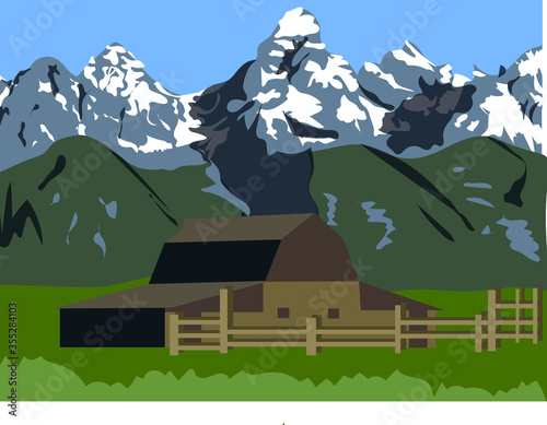 beautiful view, mountain house, snow mountains vector drawing