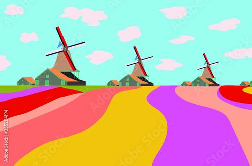 beautiful view, colorful fields and windmills, clouds beautiful blue sky, vector design