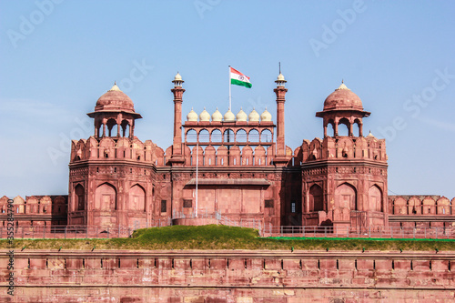 The Indian Flag Flies on top of Lahori Gate at Delhi Red Fort in New Delhi, India