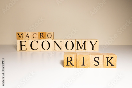 Business concept. Macro, economy, risk words are written with wooden cubes.