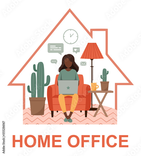 Dark skinned woman with laptop on the chair. Freelance or studying staying home. Young girl working from home. Self-isolation shield from coronavirus. Remote work from home during Quarantine. 