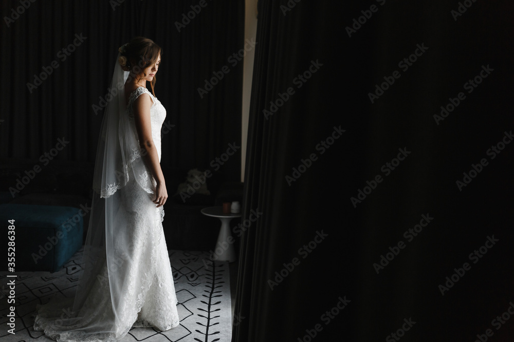 Elegant woman in the lace wedding dress. Preparation of the bride. Bride portrait