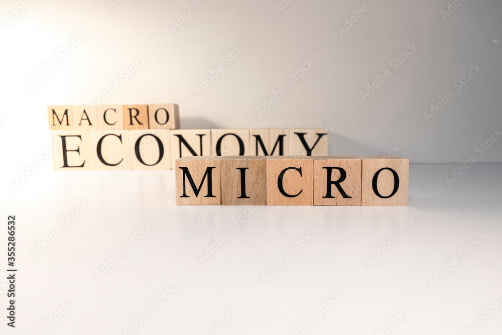Business concept. Macro, economy, risk words are written with wooden cubes.