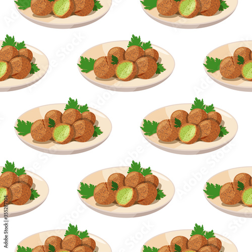 Traditional dish of Jewish cuisine Falafel. Vegetarian food on beige plate background. Meal seamless pattern.