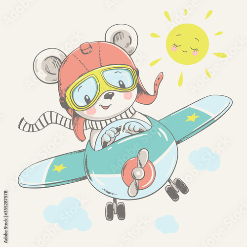 Vector illustration of a cute baby bear, flying on a plane.