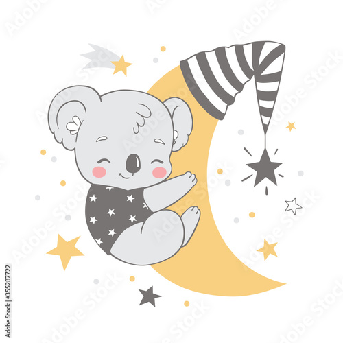 Vector illustration of a cute baby koala, sleeping on the moon among the stars.