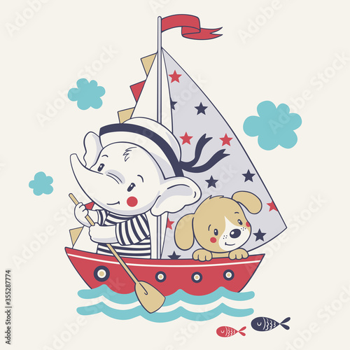 Vector illustration of a cute baby elephant mariner and his dog, sailing on a ship.