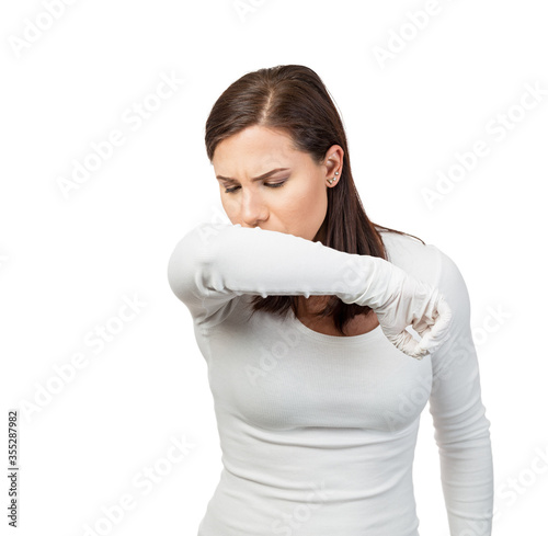 Healthcare woman coughing without mask