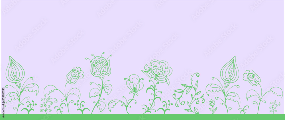 border vegetable element abstraction green lilac contour freehand drawing ornament textile folk flower packaging paper cover scarf handkerchief Wallpaper template 