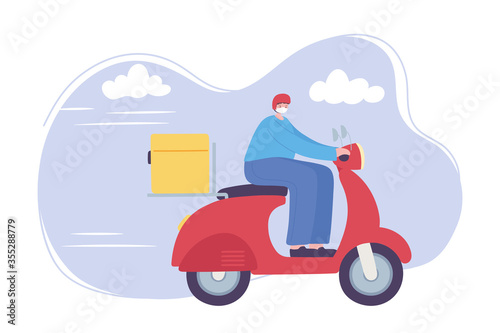 online delivery service, man with mask riding scooter, fast and free transport, order shipping