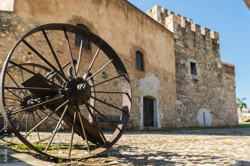 Old wheel in a fortress in the colonial zone of Santo Domingo.