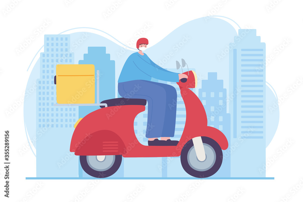online delivery service, man riding motorcycle in street city, fast and free transport, order shipping