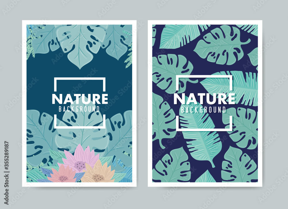 Fototapeta premium set of background tropical and flowers with leaves pastel color vector illustration design