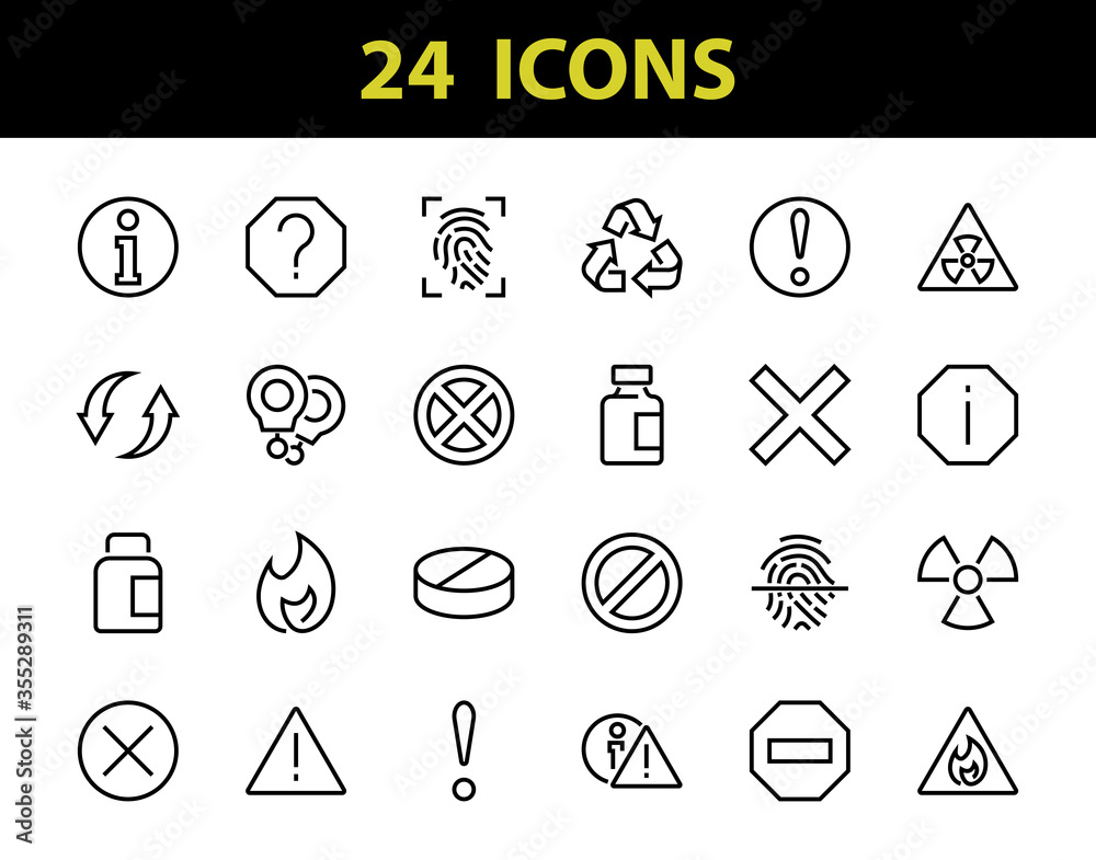 WARNINGS simple set of thin line vector icons. Contains icons such as warning, exclamation mark, reuse, warning sign and more. Editable stroke. Vector illustration WARNINGS simple set of thin line vector icons. Contains icons such as warning, exclamation mark, reuse, warning sign and more. Editable stroke. Vector illustration