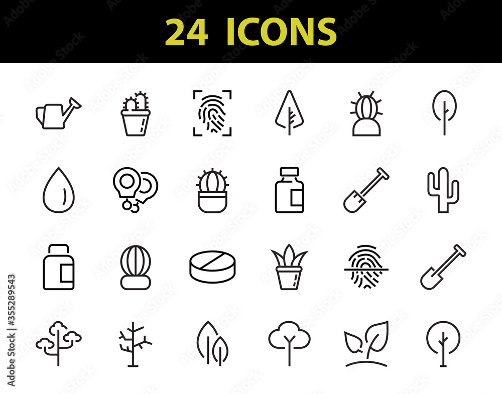 A set of Rosteniya Icons, and garden care, Vector illustration, Contains Icons such as tree, cactus, watering can, spade, flower and much more. on a white background, editable bar 480x480 A set of Rosteniya Icons, and garden care, Vector illustration, Contains Icons such as tree, cactus, watering can, spade, flower and much more. on a white background, editable bar 480x480