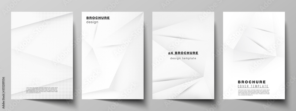 Vector layout of A4 cover mockups design templates for brochure, flyer layout, cover design, book design, brochure cover. Halftone dotted background with gray dots, abstract gradient background.