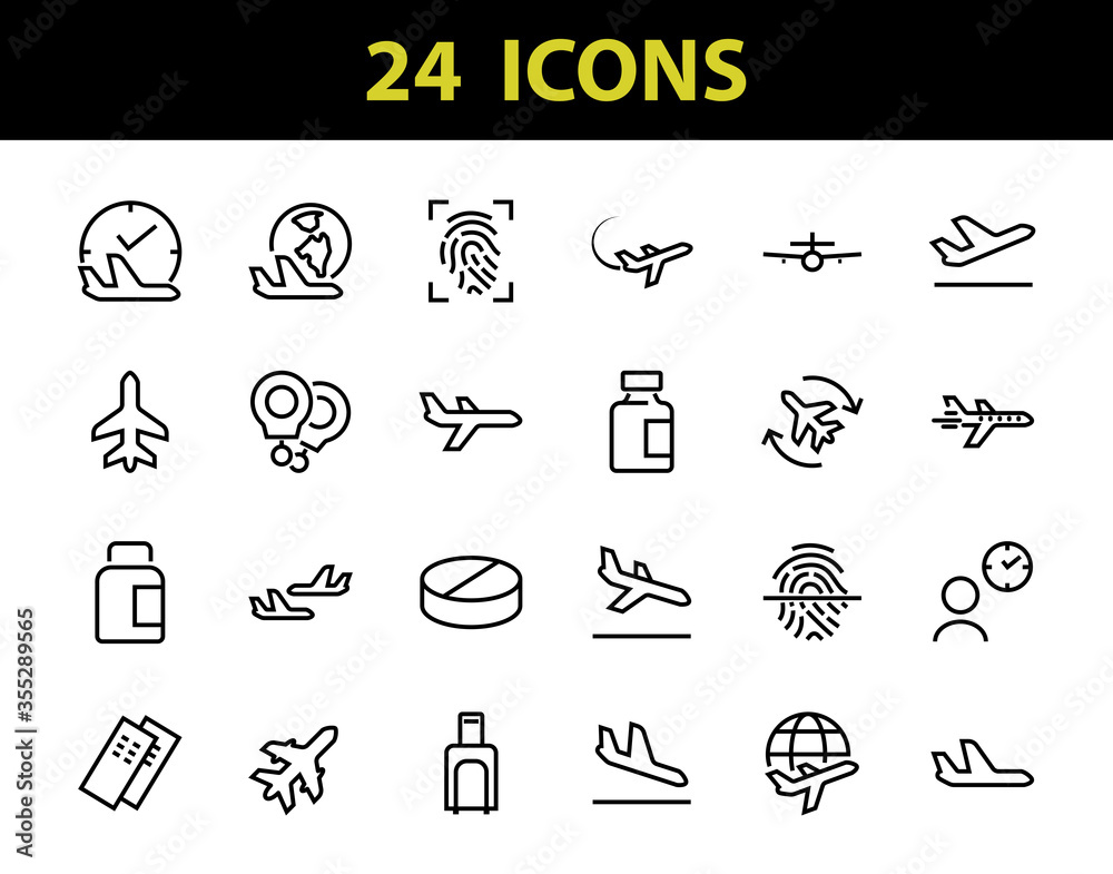 A simple set of airport related vector line icons. Contains badges such as departure, boarding, waiting time, boarding, find a place to travel tickets, and much more. Editable stroke. 48x48 pixels A simple set of airport related vector line icons. Contains badges such as departure, boarding, waiting time, boarding, find a place to travel tickets, and much more. Editable stroke. 48x48 pixels