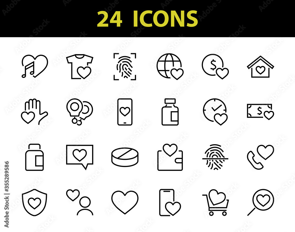 Fototapeta premium The set of icons about love contains such icons as love of music, declaration of love, heart, favorite home, Linear set. Vector on a white background. Editable stroke. 480x480