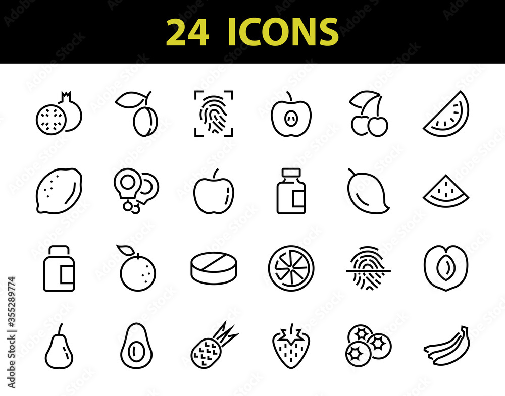 Fruit Icon Set, Vector lines, Contains icons such as apple, banana, cherry, lemon, watermelon, Avocado Editable stroke, 48x48 pixels, White background, eps 10 Fruit Icon Set, Vector lines, Contains icons such as apple, banana, cherry, lemon, watermelon, Avocado Editable stroke, 48x48 pixels, White background, eps 10