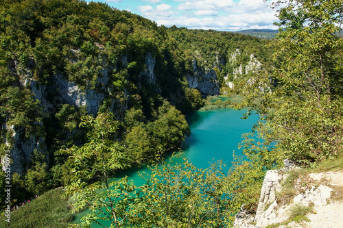 Plitvice Lakes National Park, Croatia. Nacionalni park Plitvicka Jezera, one of the oldest and largest national parks. UNESCO World Heritage. View from above on turquoise lakes in rock valley.