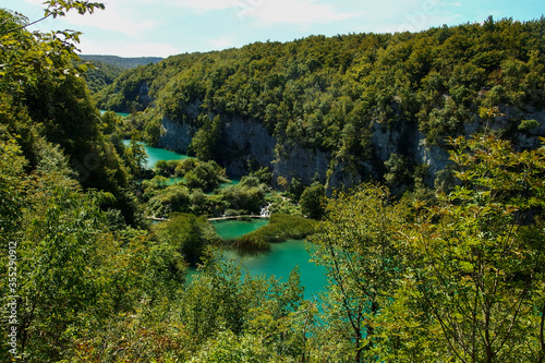 Plitvice Lakes National Park, Croatia. Nacionalni park Plitvicka Jezera, one of the oldest and largest national parks. UNESCO World Heritage. View from above on turquoise lakes in rock valley. © Bartosz