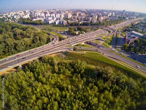Aerial panorama of urban area in central Europe. Crossroad of main roads.