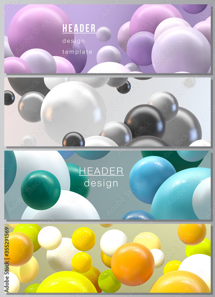 Vector layout of headers, banner design templates for website footer design, horizontal flyer design, website header. Abstract futuristic background with colorful 3d spheres, glossy bubbles, balls.