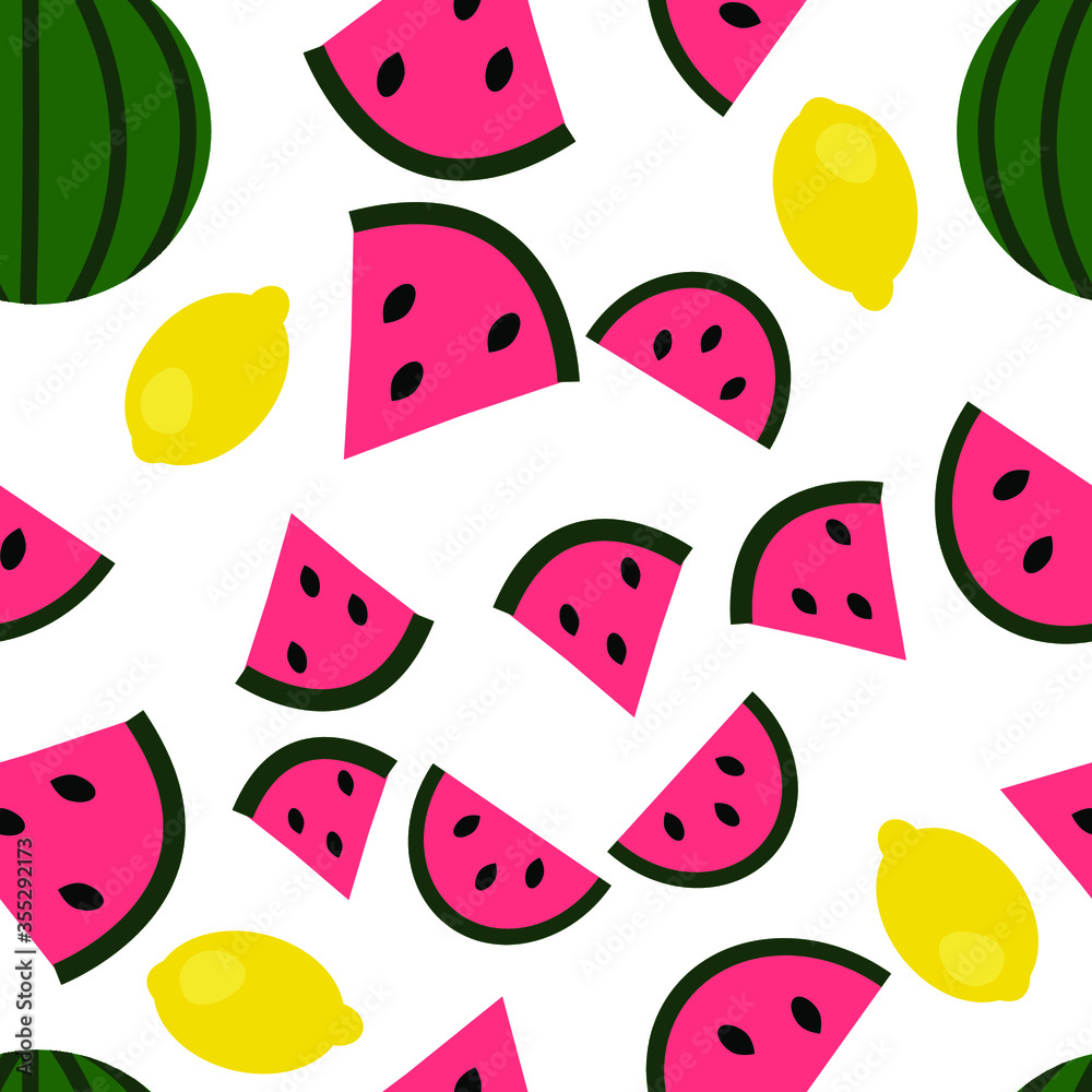Vector flat illustration. Seamless pattern with waterlemon and lemon. Design for textile, fabric, kitchen, summer, wrapping, scrapbooking, packaging, wallpaper,card Vector flat illustration. Seamless pattern with waterlemon and lemon. Design for textile, fabric, kitchen, summer, wrapping, scrapbooking, packaging, wallpaper,card