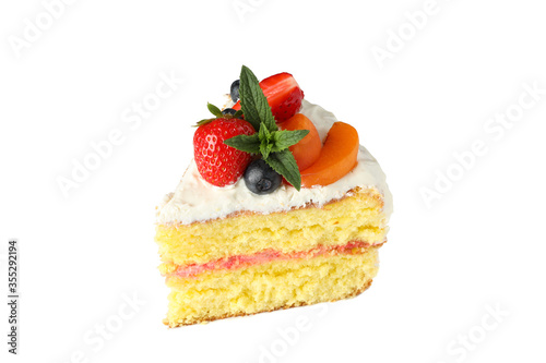 Piece of berry cream cake isolated on white background