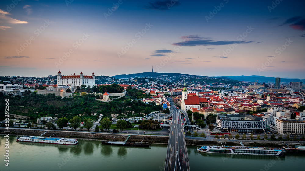 View with the Castle and Old Town at Sunset as Seen from Observation Deck in Bratislava