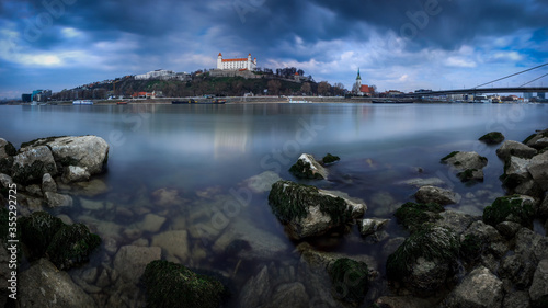 Photography Bratislava castle,parliament and Danube river at beautiful fall day, Bratislava,