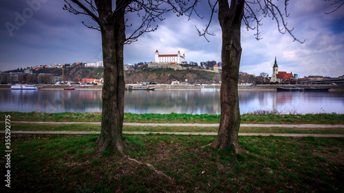 Photography Bratislava castle,parliament and Danube river at beautiful fall day, Bratislava,