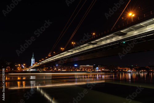 Bratislava at night. River Danube and SNP bridge