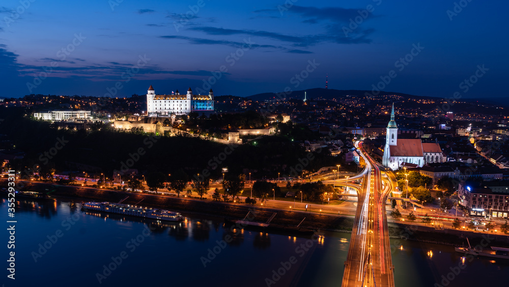 Bratislava at night. Castle, river Danube and SNP bridge