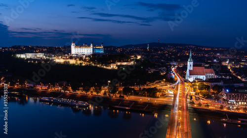 Bratislava at night. Castle, river Danube and SNP bridge