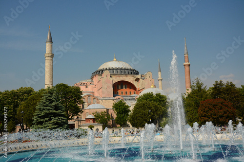 Hagia Sophia with front fountain in sunny day in Istanbul