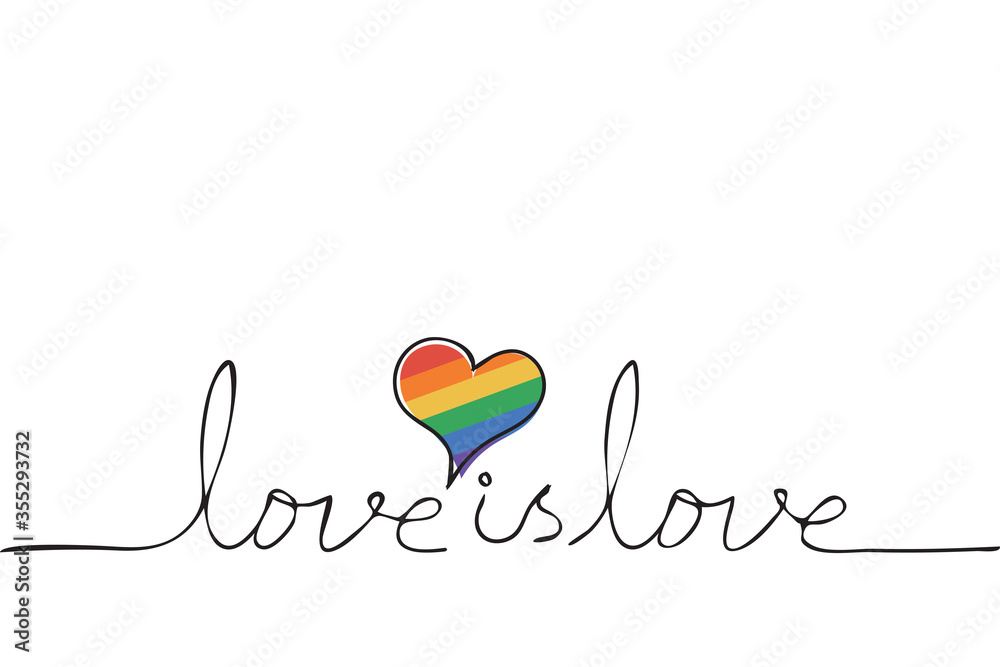 Handwriting text Love is Love with heart shape colored in six rainbow ...