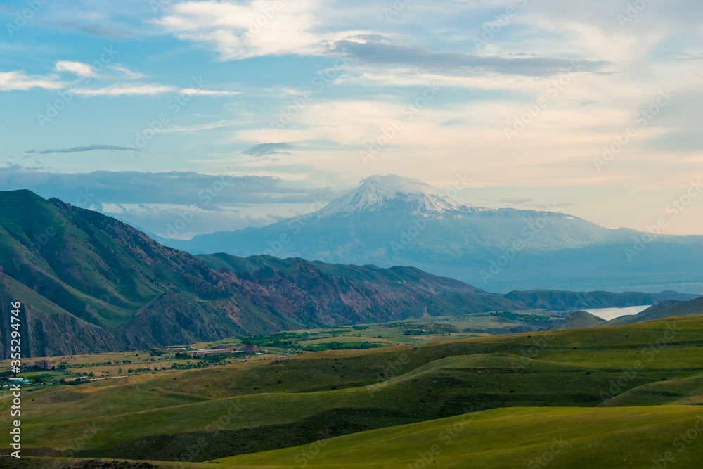 evening landscape of Armenia - Mount Big Ararat with a snowy peak