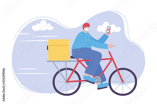 online delivery service, man in bike with mask and smartphone, fast and free transport, order shipping